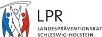 Weißer Hintergrund, schwarzer Text: LPR Landespräventionsrat Schleswig-Holstein, links drei stilisierte Menschen Blau, Weiß und Rot mit erhobenen Armen